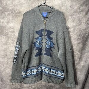 Pendleton Aztec Southwestern Full Zip Cardigan Sweater Mens XL Gray Blue Wool